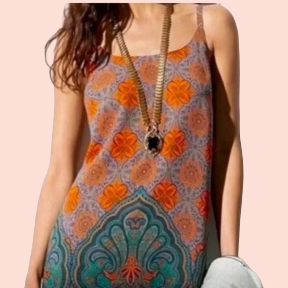 CAbi Orange/Green Medallion/Paisley "Arabesque" Tank #3082